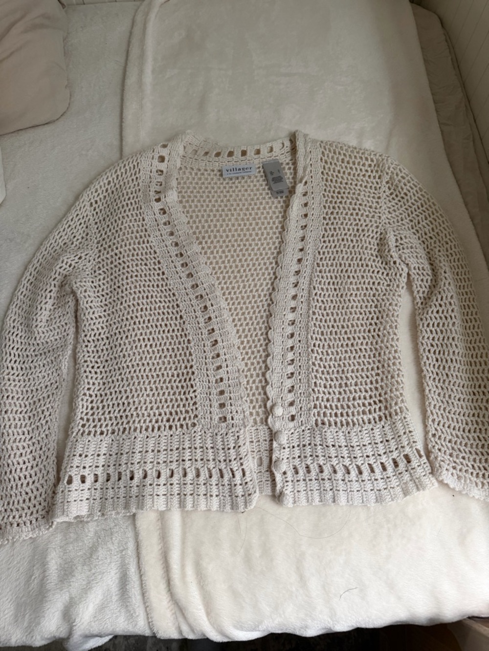 villager Open Crochet Knit Cardigan in Cream
